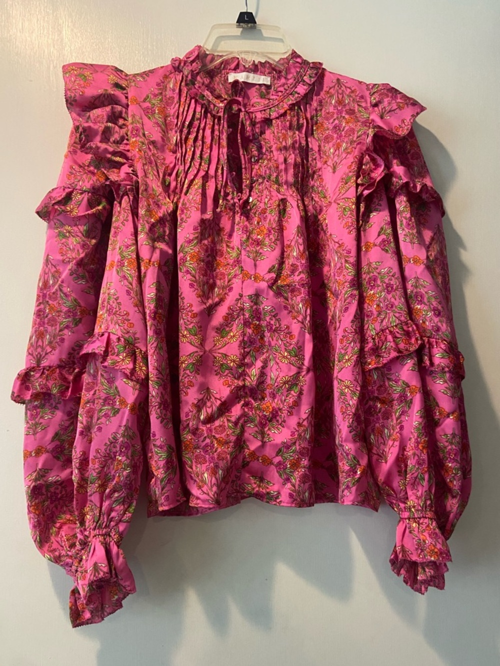 Karlie Fuchsia Floral Ruffle Tie-Neck Blouse
